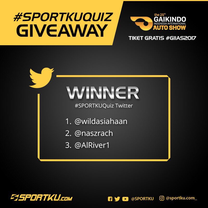 SPORTKU's tweet photo. Selamat untuk @wildasiahaan | @naszrach | @AlRiver1 masing-masing mendapatkan 2 Tiket @GIIAS_ID | Tim #SportkuQuiz akan DM kalian 👌 https://t.co/EV5ITikZKo