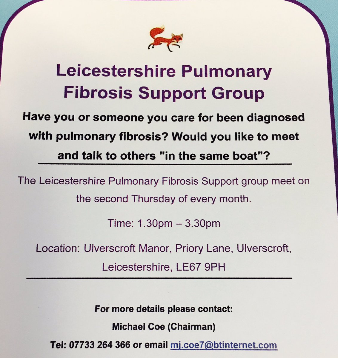 Leic_ILDSupport's tweet photo. It's our #patient support group today. All welcome.
@Leic_hospital @ActionPFcharity https://t.co/8Y0m3tpnEi
