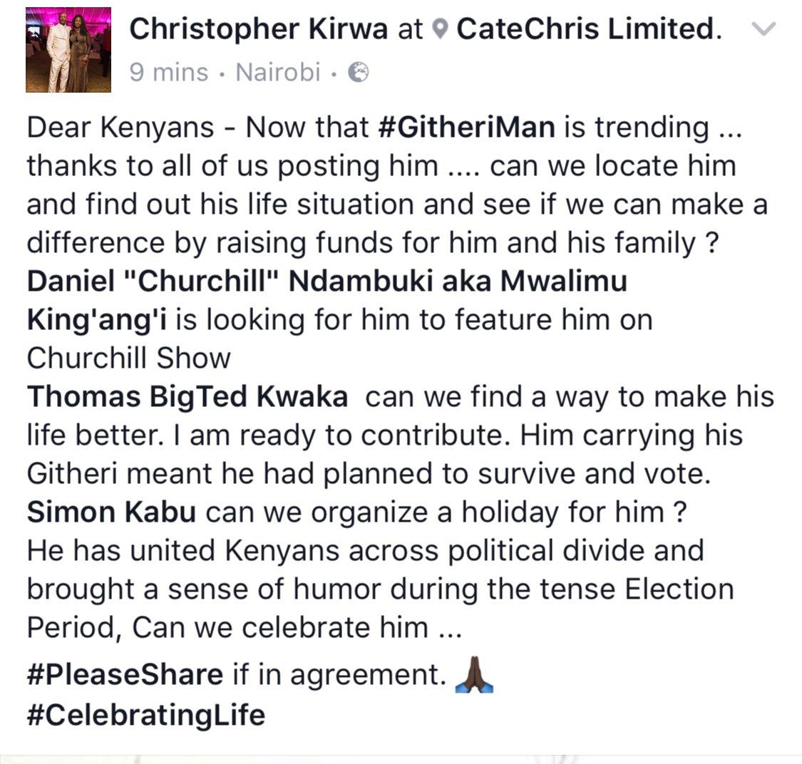 petermuleipm's tweet photo. RETWEET IN SUPPORT - He has made us laugh during the Tense #KenyaDecides - Let's locate &amp; Celebrate him &amp; his Family #GitheriMan 🏿@hypekidhk https://t.co/UTemjsqU1L