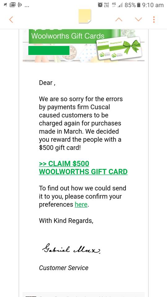 #spammers are quick. Email today offering me $500 gift card from #woollies for overcharge. I don't shop @ #Woollies