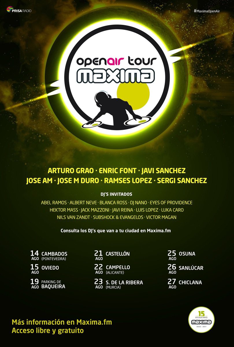 Ya está a punto de comenzar la gira de @maximafm_radio por toda España.

Consulta las fechas y no te lo pierdas. 

#FiestonesAsegurados