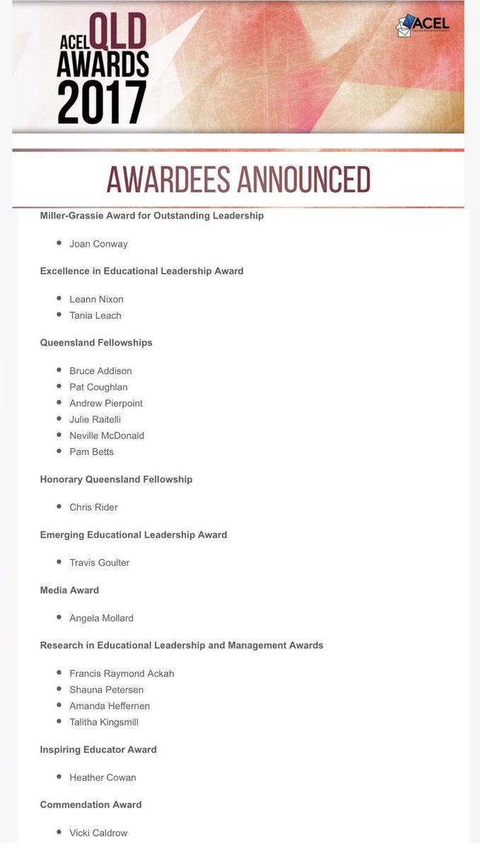 _TaniaLeach's tweet photo. Humbled and honoured to be a part of this high calibre group. @USQNews @usqedu @chalkhands @LynSharratt @QLDStateSchools @acelaustralia https://t.co/2x4SgwWYuZ