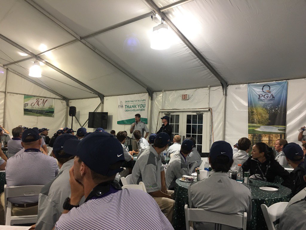 adsmarch's tweet photo. Quail Hollow Superintendent Keith Wood addressing the crew ahead of preparation for round 1 of the PGA. https://t.co/vHIfbIFbXO
