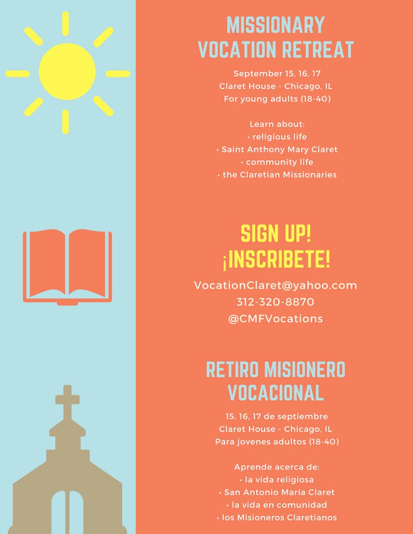 CMFVocations's tweet photo. Ready to discern your vocation? Join us at this Missionary Vocation Retreat, Sept 15, 16, 17 in Chicago #ClaretHouse https://t.co/6m32qCuO4F