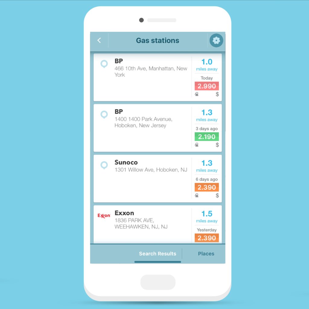 Waze on a smart phone displaying the Gas Search Screen