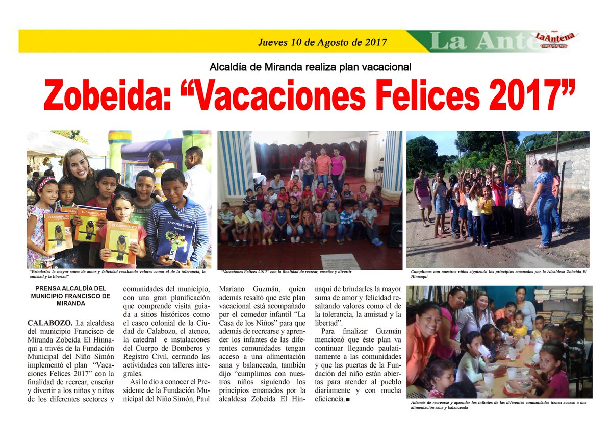 alcaldiabmfm's tweet photo. #FelizJueves Alcaldía de Miranda realiza plan vacacional, Zobeida @elhinnaoui : “Vacaciones Felices 2017”  #GuaricoEsPaLanteQueVamos https://t.co/uurZgBRnnT