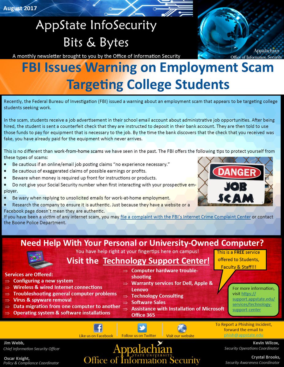 appinfosec's tweet image. FBI Issues Warning on Employment Scam Targeting College Students.  Check out our newsletter to learn more! security.appstate.edu/sites/security…