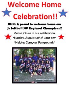 City_of_Helotes's tweet photo. The Jr. Softball SW Regional Champions are coming home! Join the GHLL on Sunday, August 13 to celebrate! https://t.co/s5J7maM88q https://t.co/waYboNQNVz