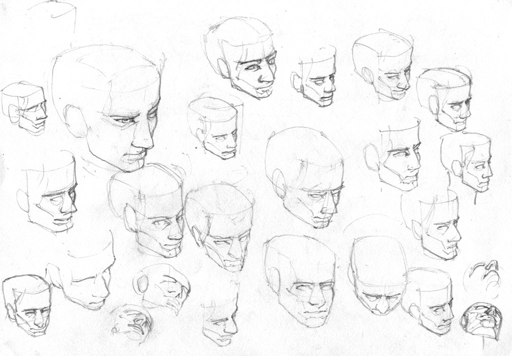 High angle face and head pencil sketches referencing from my current  knowledge of the human head's geometric anatomy. And Hollow Knight. 