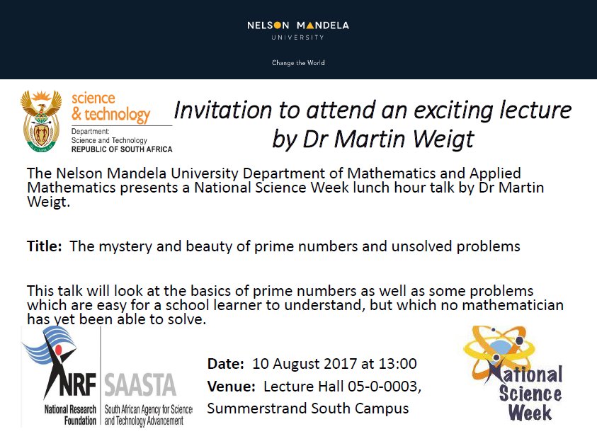 NMMUScience's tweet photo. National Science Week!
You are invited to attend an exciting lecture by Dr Martin Weigt on South Campus today 10 August 2017 13:00 #NSW2017 https://t.co/po3pA1h9zO