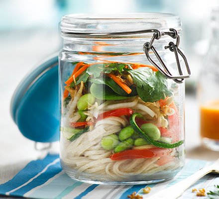 Make your own healthy on the go noodles - add noodles, stock powder &amp; veg to a mason jar. Simply add boiling water, give it a stir &amp; enjoy!