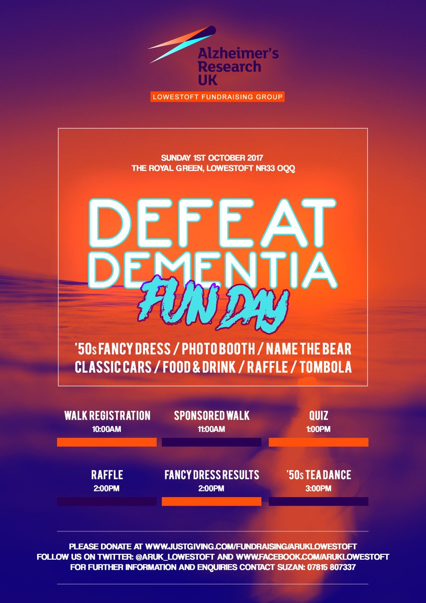 ARUK_Lowestoft's tweet photo. Defeat Dementia Fun Day &amp; Sponsored Walk #Lowestoft Sunday 1st October. Further details: https://t.co/95JC8FOrEE Save the date! https://t.co/vJ1wrUpKFX