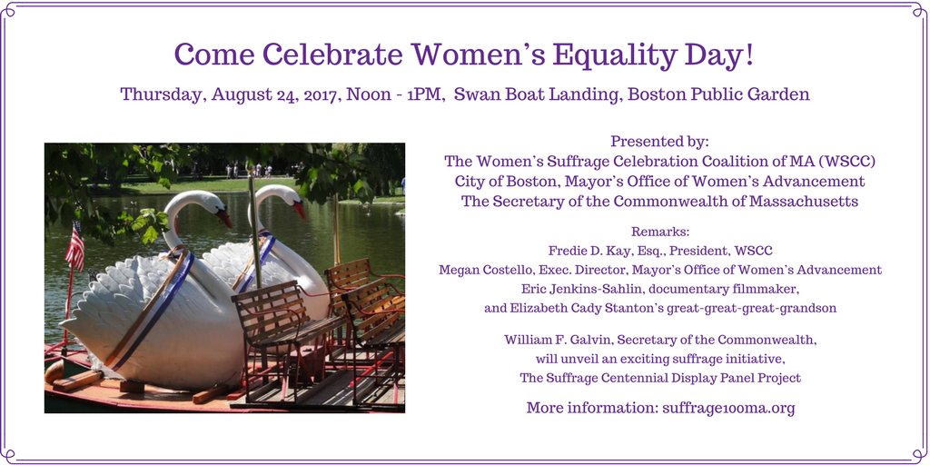 MAWomensHistory's tweet photo. Celebrate #WomensEqualityDay w/ WSCC! Thur, Aug 24, 12-1pm, @swanboats @MassMuseum @BostonWomen https://t.co/uLPoRtq6cs https://t.co/C9pHt3S8Or