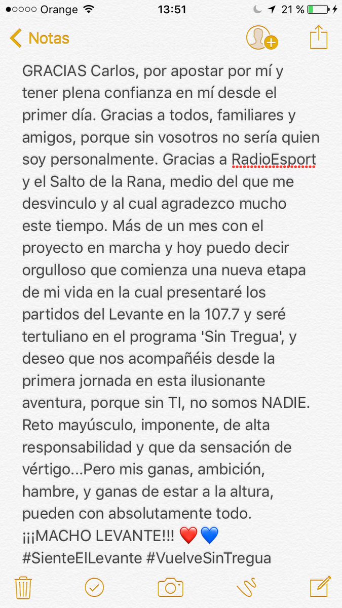 RafaEsteve19's tweet photo. Comienza una nueva etapa. Llena de ilusión, ganas, sacrificio y trabajo.GRACIAS @playradiovlc @CarlosAyats #SienteElLevante #VuelveSinTregua https://t.co/bD8mIAjZcI