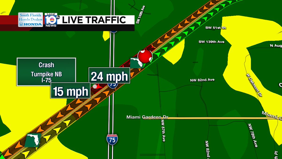 Crash causing delays in both directions on Turnpike NB/SB at I-75 #traffic https://t.co/6RhrzLzIxK