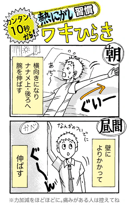 「確かにワキを開く習慣はないなぁ(特に夏、男女ともに) 俺なんかワキ毛すごいしね。壁のやつはトイレとかついたてがあれば出来るしイイじゃん!ってか肩コリにも効くぅ～!」旦那・会社員(43)の証言 #夏バテ 
「熱にがし」つづき→https://t.co/lxBd4tv0rl 