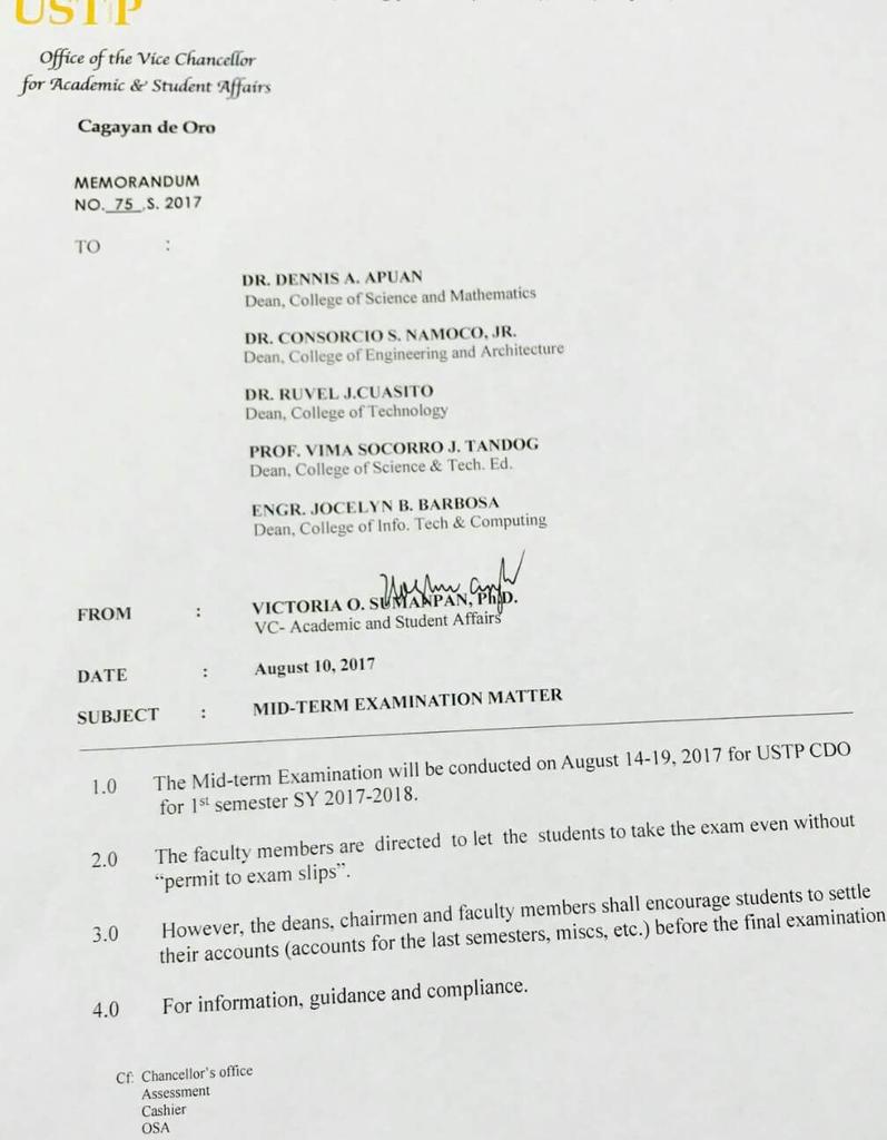 ustpfaeso's tweet photo. OSA Advisory re Midterms: To let the students take the Midterms even without the Permit-to-Exam Slips. #USTPExam https://t.co/UECe1MbqFM