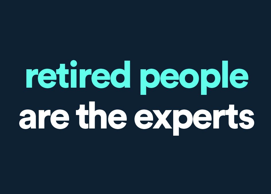 retirementwork's tweet photo. Retired people are the experts who you need to speak to, to get the job done. Retirement Works. #Kickstarter #tech https://t.co/SFmUP37Fs5 https://t.co/SFVSx2dtfk