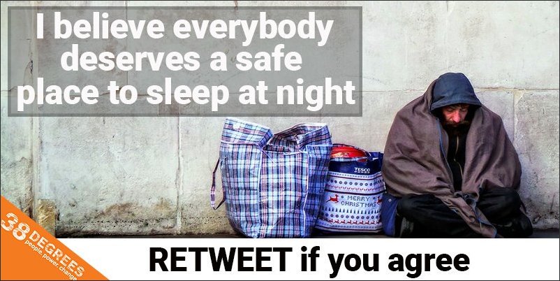 38degrees's tweet photo. RETWEET if you think no one should sleep on the street! #homelessness https://t.co/r4eixdRwbI