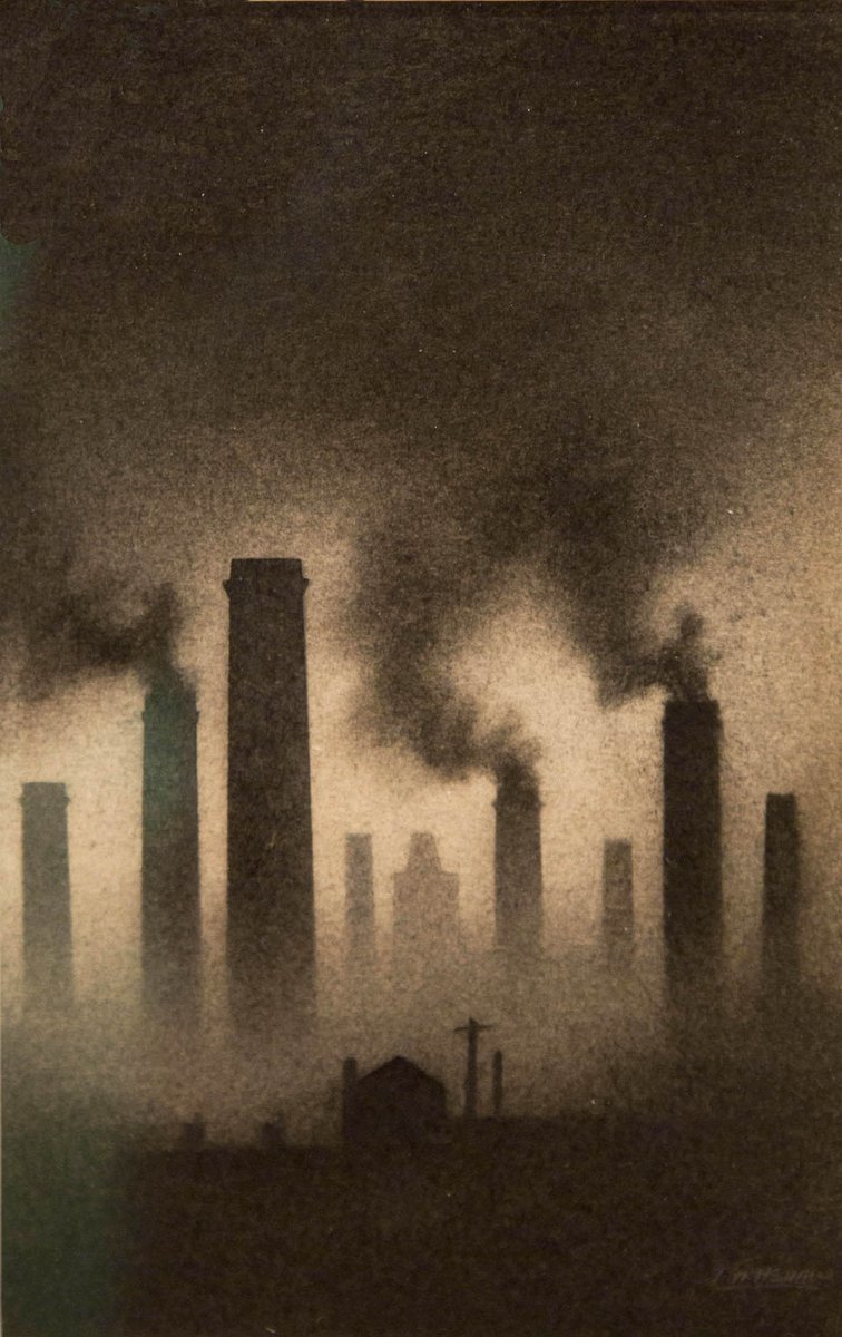 #Hyde artist #TrevorGrimshaw ,known for his graphite works of northern industrial scenes. ”Smoking Chimneys” a charcoal & has a darker feel.