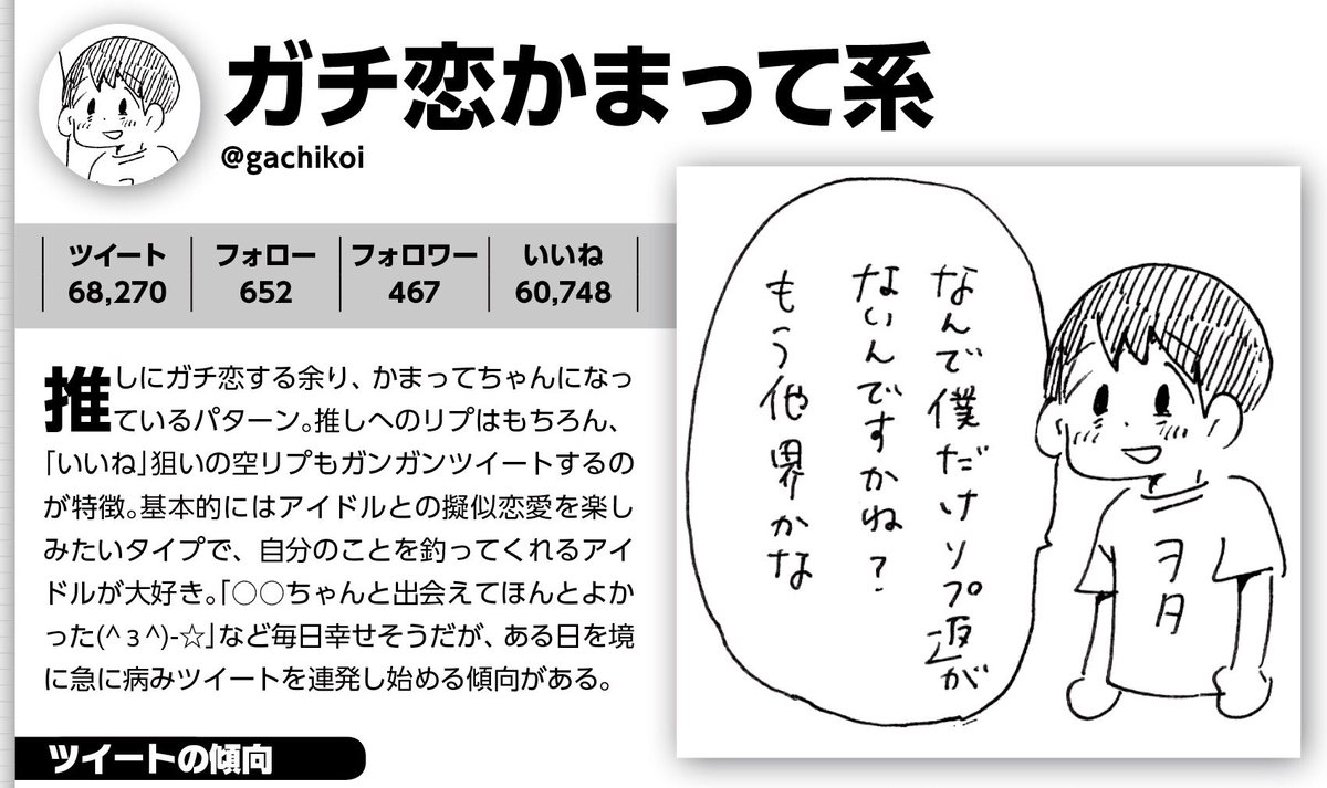 アイドルとヲタク大研究読本シリーズ ツイッターで見るヲタク分類 ガチ恋かまって系 推しにガチ恋する余り かまってちゃんになったパターン 推しへのリプはもちろん いいね 狙いの空リプもガンガンツイートするのが特徴 8月19 日ベボガ