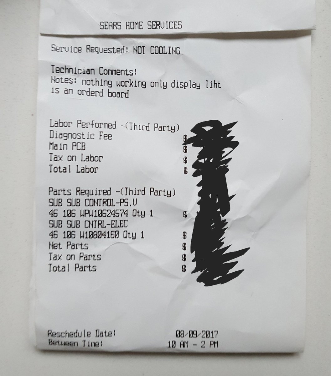 ttulay's tweet photo. @searscares Didn't know I had 2 take my fridge apart &amp; inspect upon purchase. First tech didn't even catch it (see 1st receipt) Still waiting 4 a fridge https://t.co/SnQnlsXMui