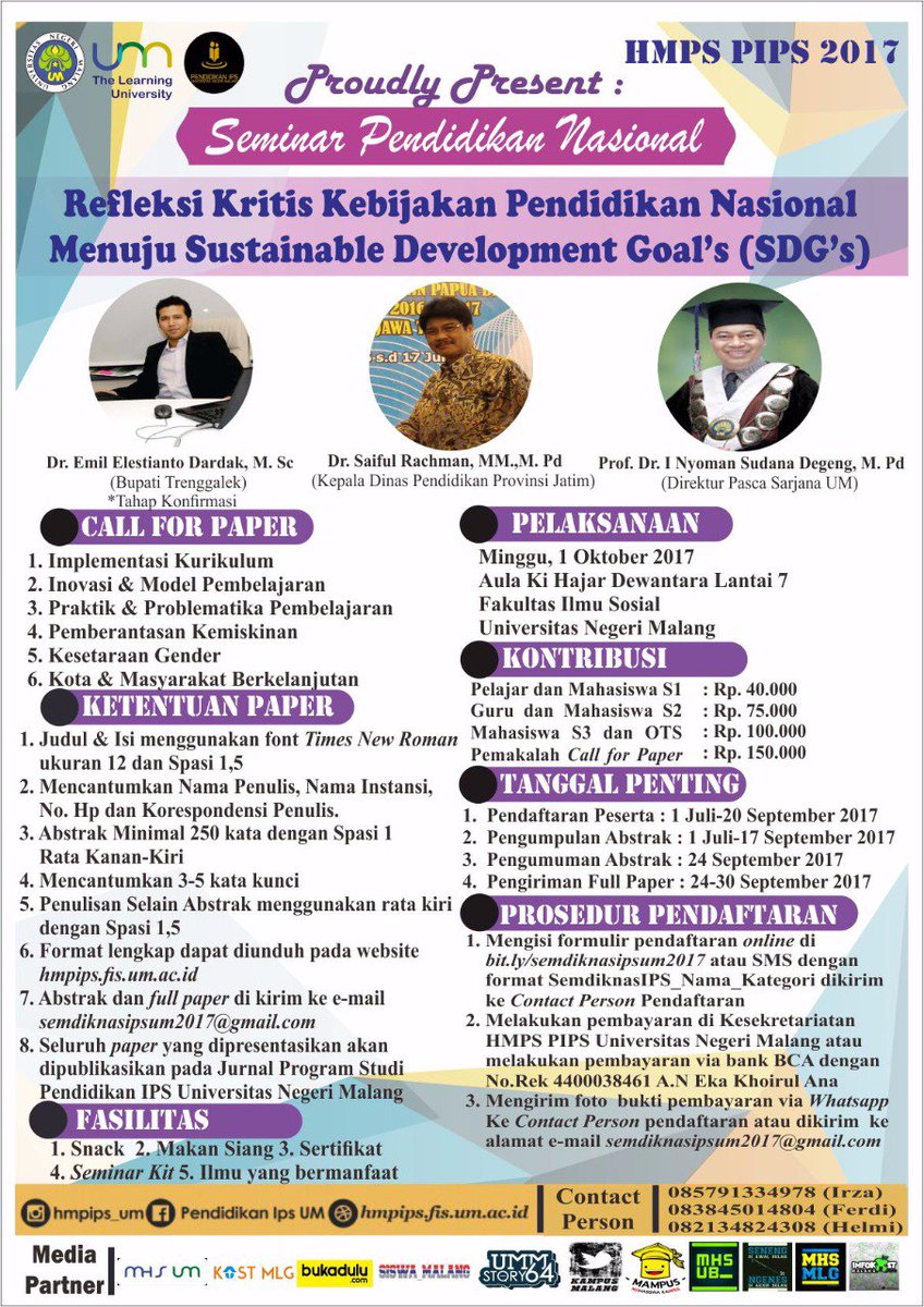 Pendaftaran peserta: 1 Juli -20 Sept
Pengumpulan abstrak: 1 Juli-17 Sept
Pengumuman abstrak: 24 Sept
Pengiriman full paper: 24-30 Sept