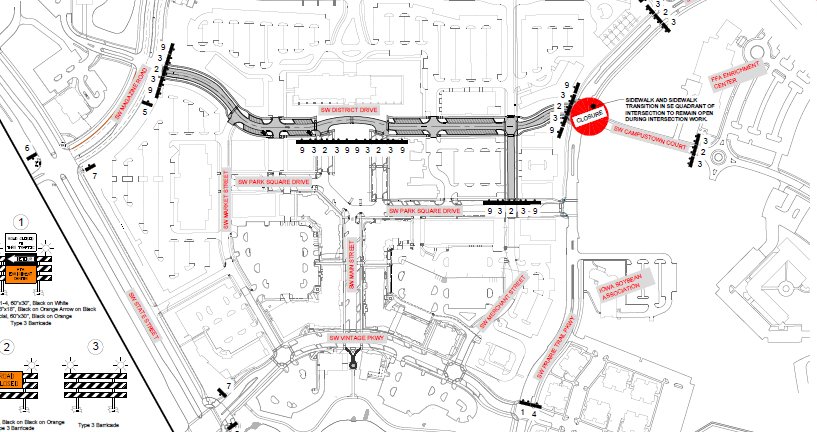 Please be mindful of the road construction beginning Aug. 15 that will close the intersection of SW Prairie Trail Pkwy and SW Campustown Ct