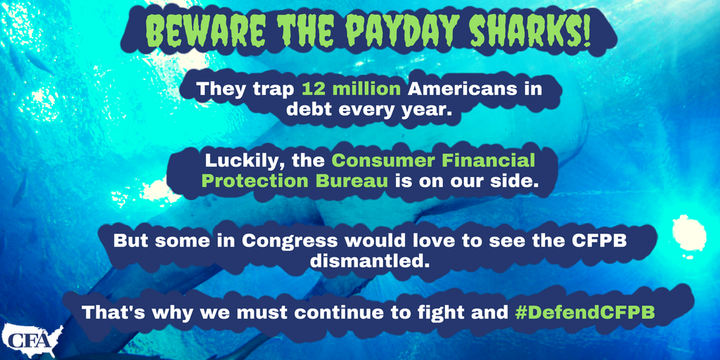 ConsumerFed's tweet photo. Beware the payday sharks! They trap 12 million Americans in debt every year #DefendCFPB https://t.co/uIxuMDlTb3