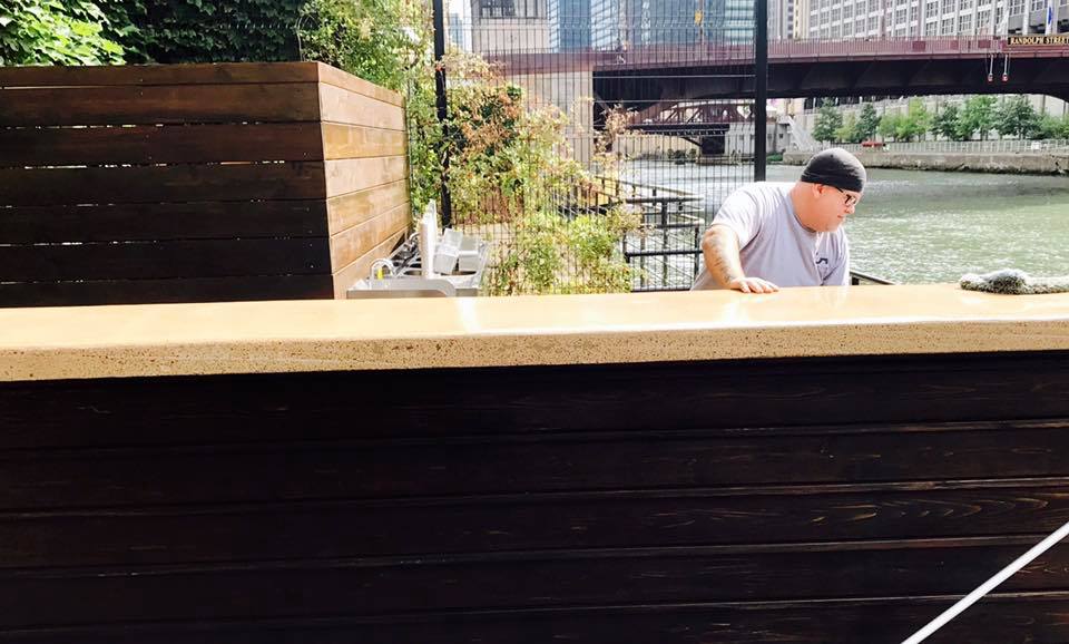 Getting ready to serve the best drinks you've ever imbibed at our new riverfront bar (check it from Lake Street bridge over Chicago River).