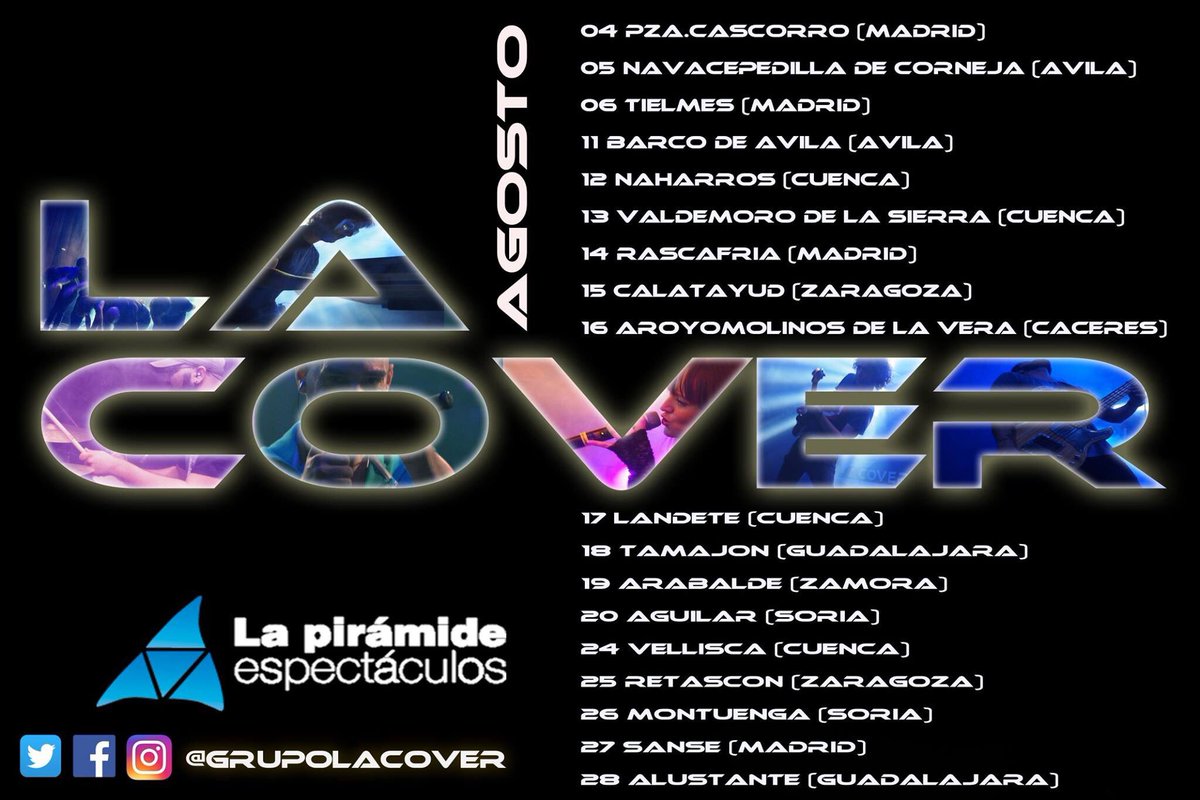 GrupoLaCover's tweet photo. #gira10años ¿habéis elegido ya cuando venís a pasar una noche de fiesta con #LaCover? Echa un ojo a los bolos de Agosto! https://t.co/banJzC21j7