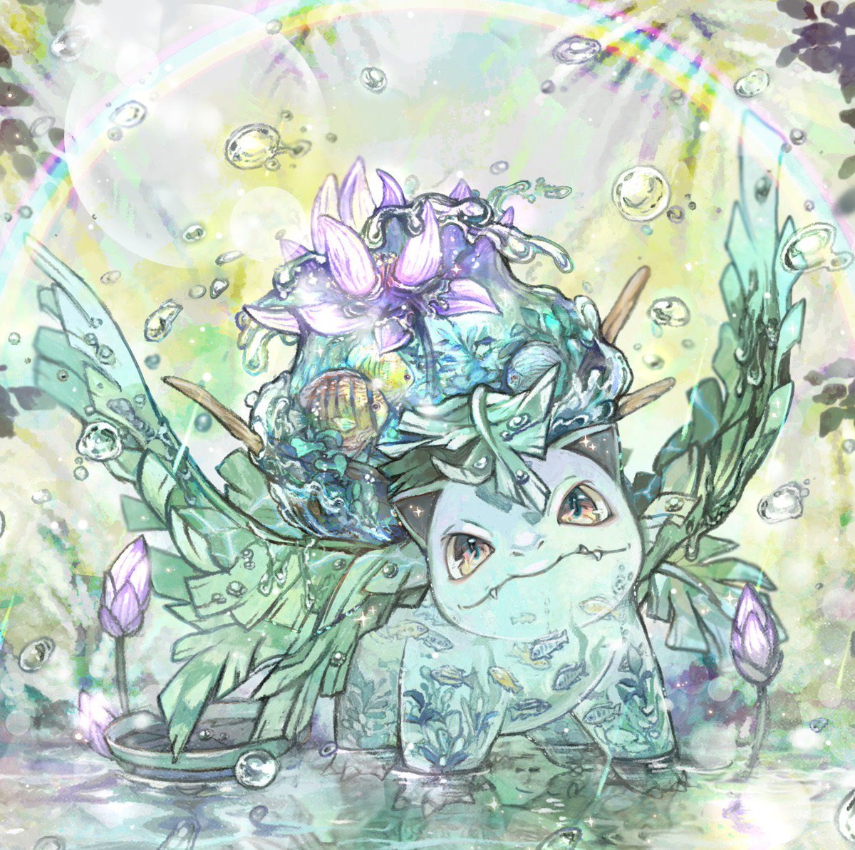 rainbow no humans pokemon (creature) water water drop fangs leaf  illustration images