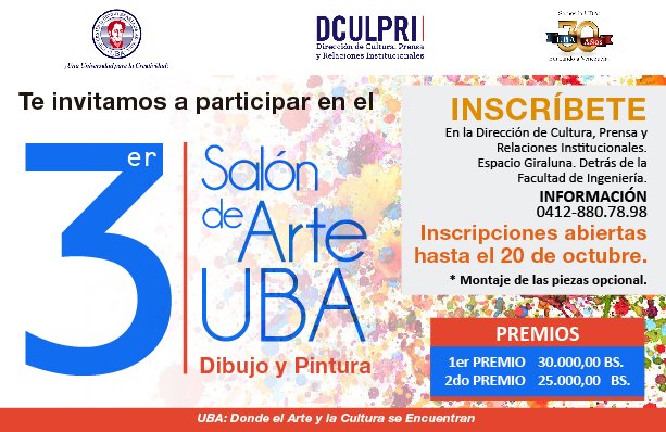 UBAuniversidad's tweet photo. 3er Salón de Arte #UBA organizado por #Dculpri, ¡Participa!, inscríbete hasta el 20 de octubre! https://t.co/L4ewZuOnND