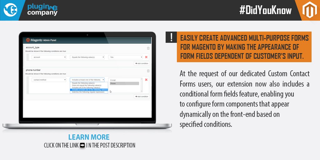 plugincompany1's tweet image. Create multi-purpose #MagentoForms by making the appearance of #FormFields dependent of the customer&apos;s input ➡ buff.ly/2ui8ZER