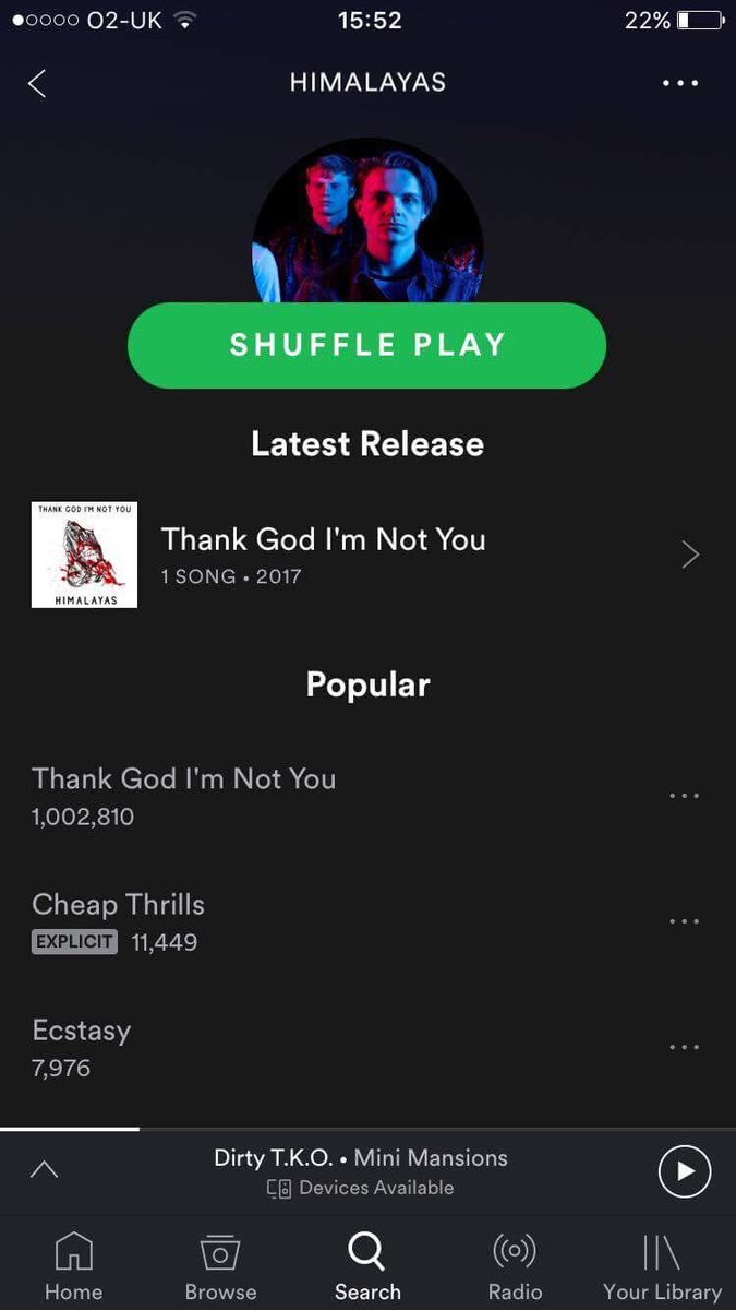 We have now reached One Million plays for "Thank God I'm Not You" on <a href="/Spotify/">Spotify</a> massive thanks to everyone for your continued support x