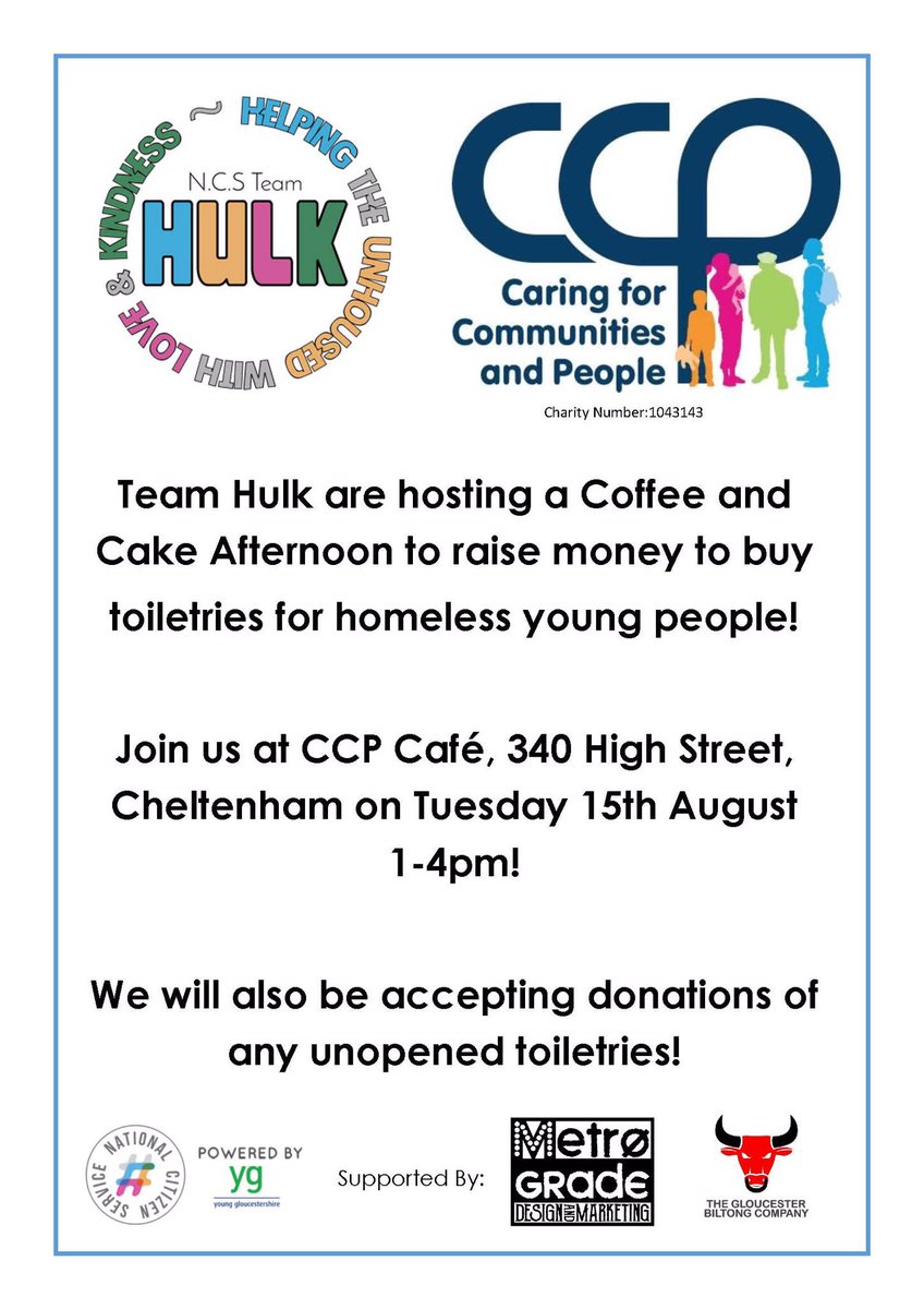 Young people on @NCS are hosting a coffee &amp; cake fundraiser to buy toiletries for #homeless young people in #Gloucestershire see you there!