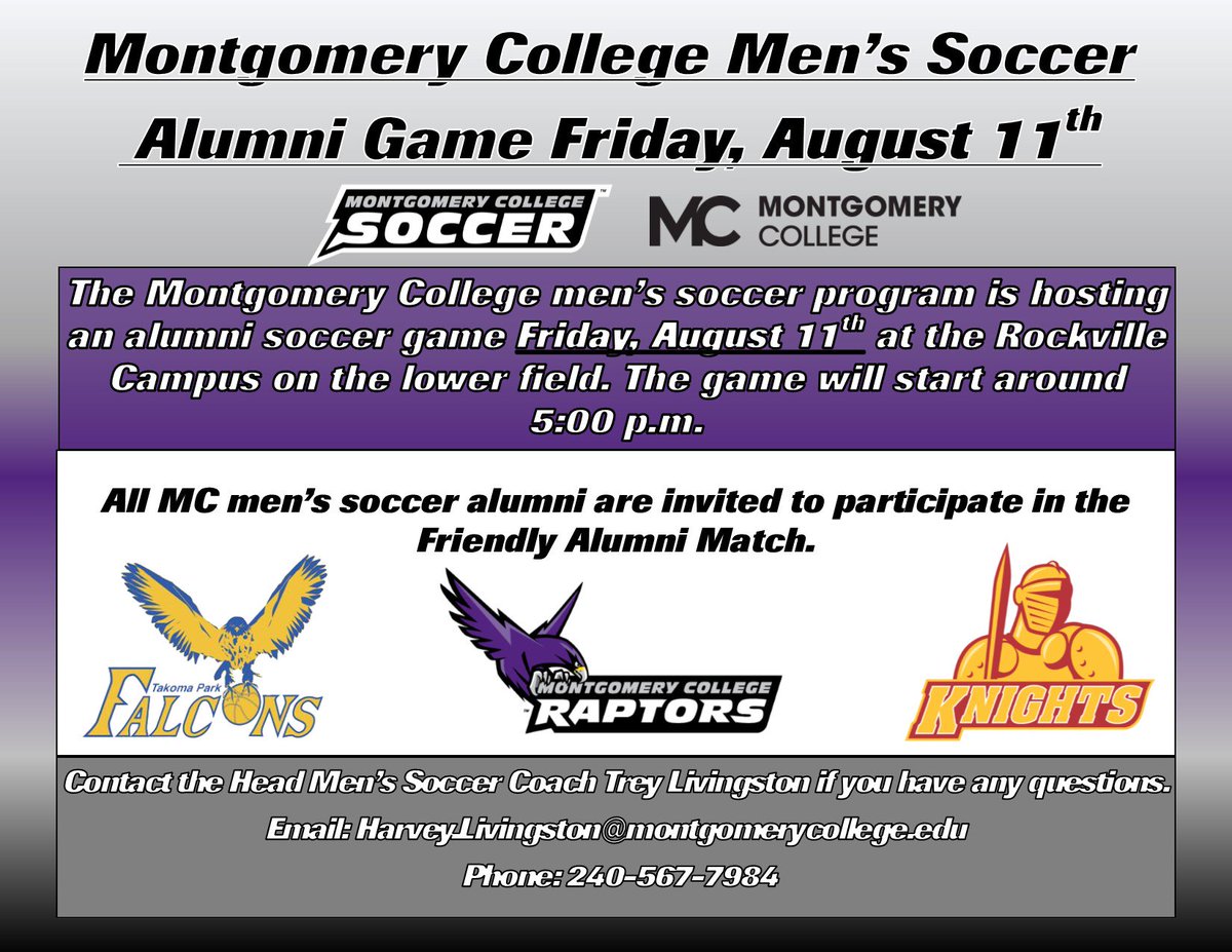 MC_Raptors's tweet photo. Join us for a friendly, as the MC men’s soccer program is hosting an alumni game tomorrow at 5pm at the Rockville Campus on the lower field. https://t.co/4I5o5RHCxq