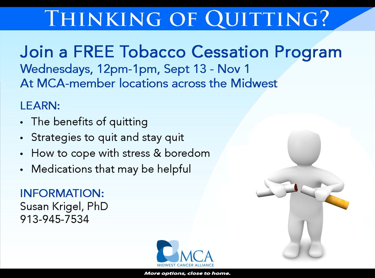 MasonicCancer's tweet photo. FREE #TobaccoCessation with MCA's @drsusankrigel @OlatheHealth , @StFrancisHealth , @TammyWalker , @StFrancisTopeka &amp; #CoffeyvilleMedCtr https://t.co/EAM5CHCsi8