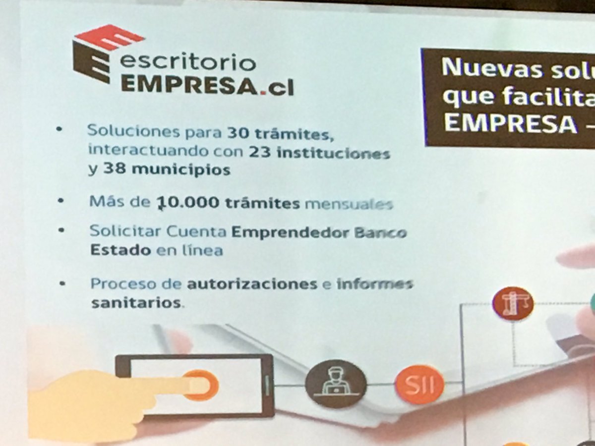 EEmpresaChile's tweet photo. @EempresaChile entrega soluciones para realizar más de 30 trámites en 23 instituciones y 38 #municipios @Corfo @meconomia #MutualSummit2017 https://t.co/pe6UHzFveb