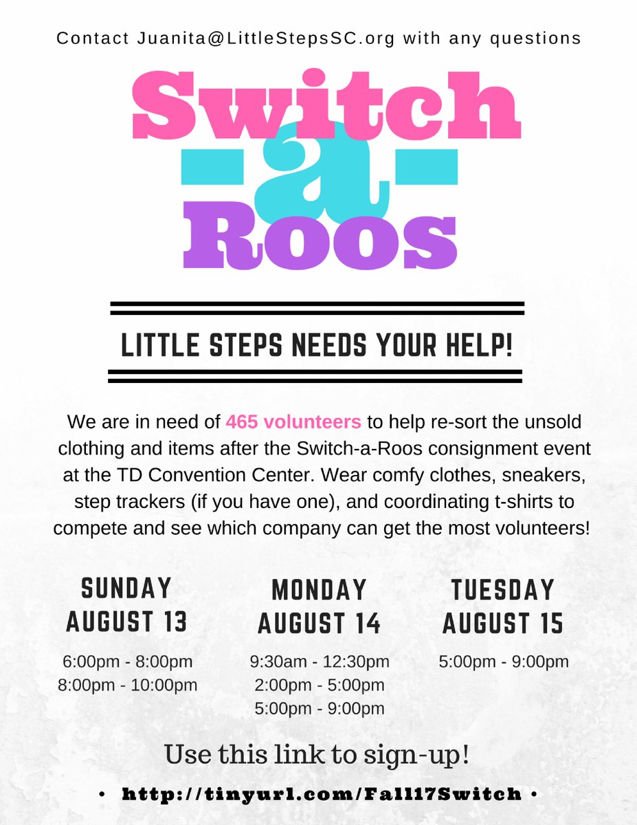 We are still in need of HUNDREDS of volunteers for our Switch-a-Roos partnership next week. Sign up at tinyurl.com/Fall17Switch to help!