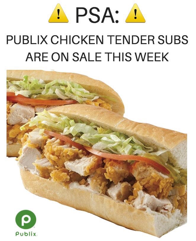 MarinCPhoto's tweet photo. Guess what's on sale this week?

WHOLE PUBLIX CHICKEN TENDER SUBS! https://t.co/xzSvX1vM0N
