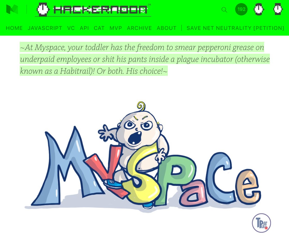 hackernoon's tweet photo. The first time someone asked, "Are you on Myspace?" https://t.co/Bl0q1nWs3K #thunderpuff #tpuff https://t.co/nux7fqOaLK