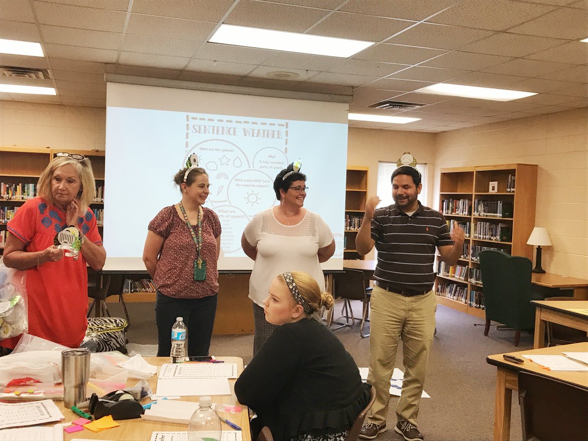 ChristyHenryTX's tweet photo. Kinesthetic learners - "Sentence Storming" w/ ELA teachers today. #TheWritingAcademy even has Mr. Alvarez in a Preposition crown! #LulingISD https://t.co/QCaXzKAhrN