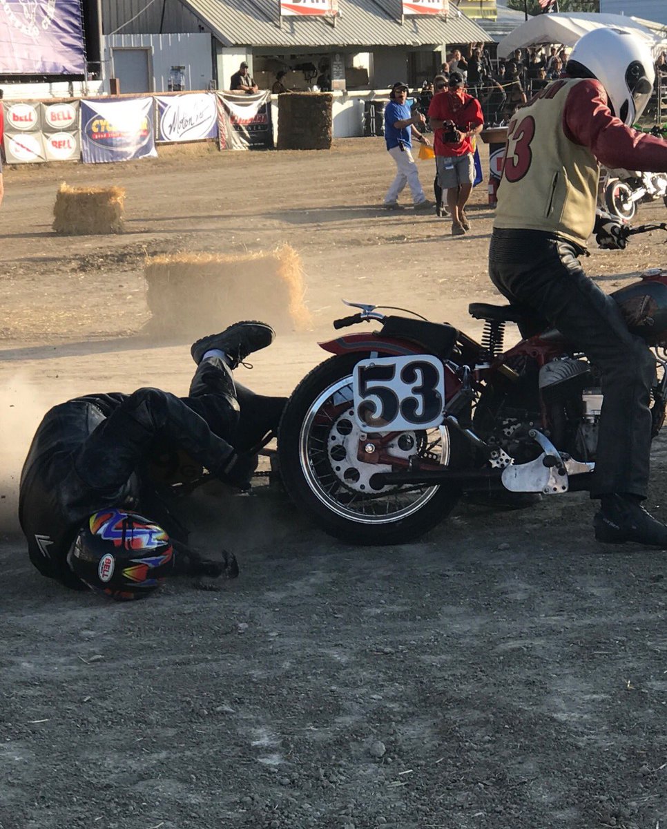 Rubbing is Racing... 2 riders tangle up on the Flat Track at #STURGIS  🤜🏽🤛