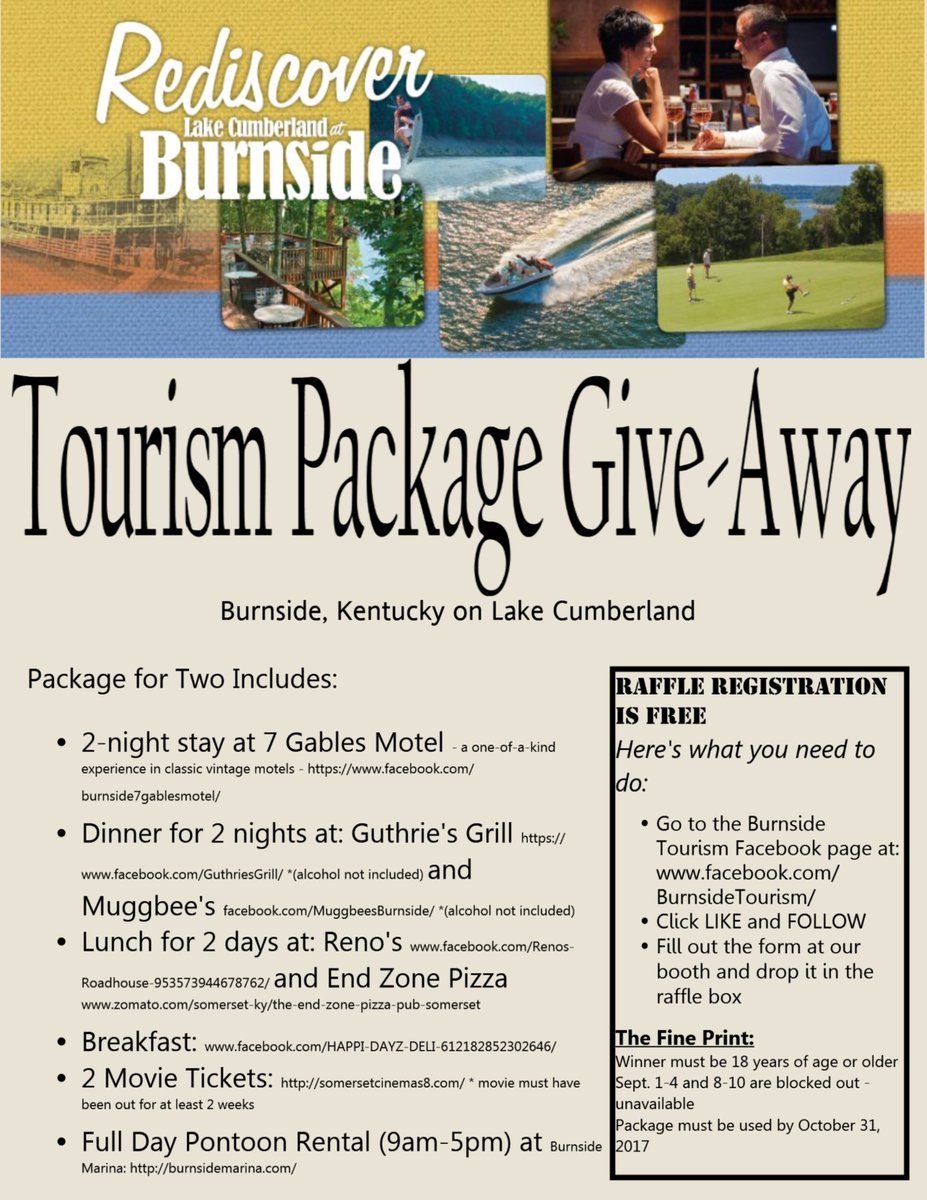 BurnsideTourism's tweet photo. Win a two-day get away for 2 in Burnside, KY. Stay at America's greatest vintage classic motels, full day pontoon rental &amp; meals! #FREESTUFF https://t.co/6Bg7dWKev4