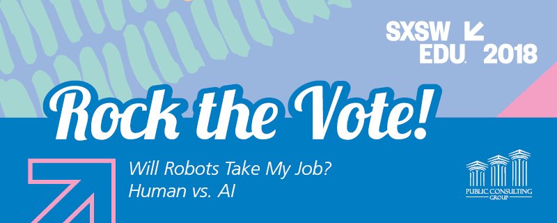 pcgeducation's tweet photo. Want to know more about equitable outcomes in the Human vs. A.I. race? Follow the link to vote: https://t.co/Bk0WG86XEU. #PCGatSXSW #SXSWEdu https://t.co/40HYqxbm7u