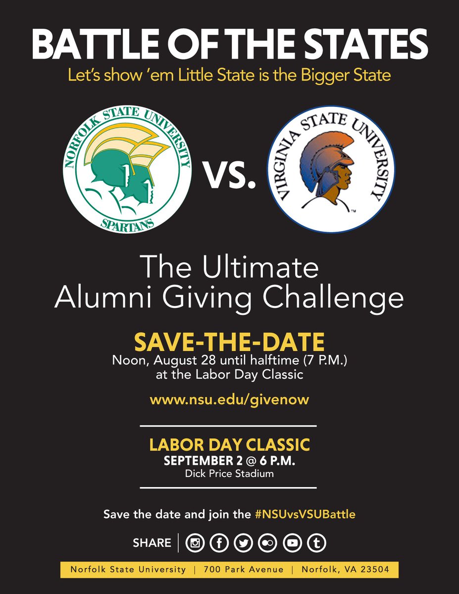 NSUevents's tweet photo. NSU vs. VSU Giving Battle will kick off on Monday, 8/28 at noon and end on Saturday, 9/2 at 7 p.m. #NSUvsVSUBattle @NSU_Alumni_1935 https://t.co/qg6X2I58GG