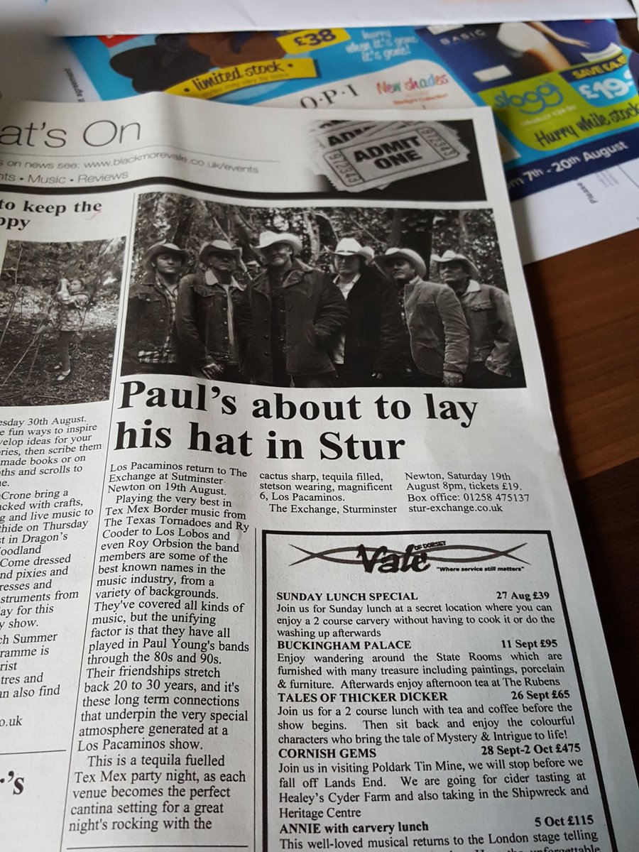 ExchangeDorset's tweet photo. Thanks @bvmmagazine Great article about @lospacaminoscom with @PaulYoungParlez returning to Stur Newton on 19th Aug. Not many tickets left! https://t.co/kYOquylrM4
