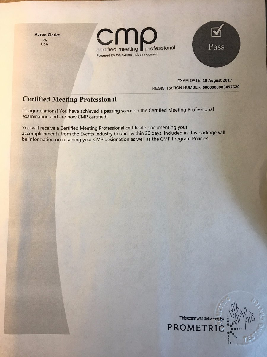 mac2prod's tweet photo. I passed the CMP (Certified Meeting Professional) exam today! This is a huge accomplishment and I feel very proud!  #meetingprofs #cmp https://t.co/mgvGBumWFX