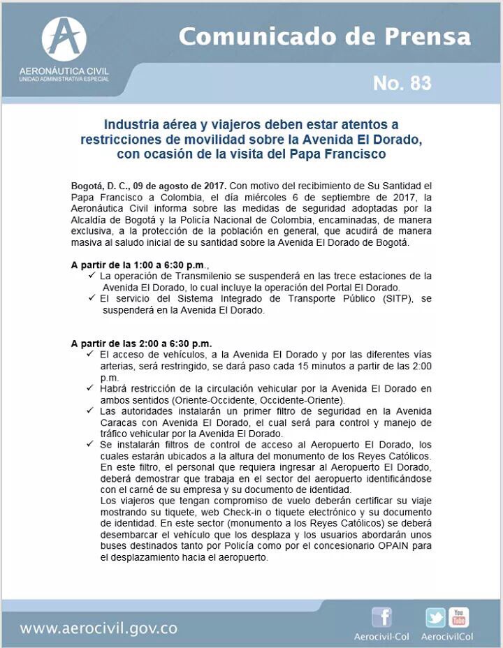 EasyTravelssas's tweet photo. Restricciones de #movilidad sobre #avenidaedorado con ocasión visita del #PapaFrancisco. https://t.co/G80uoT1RPn